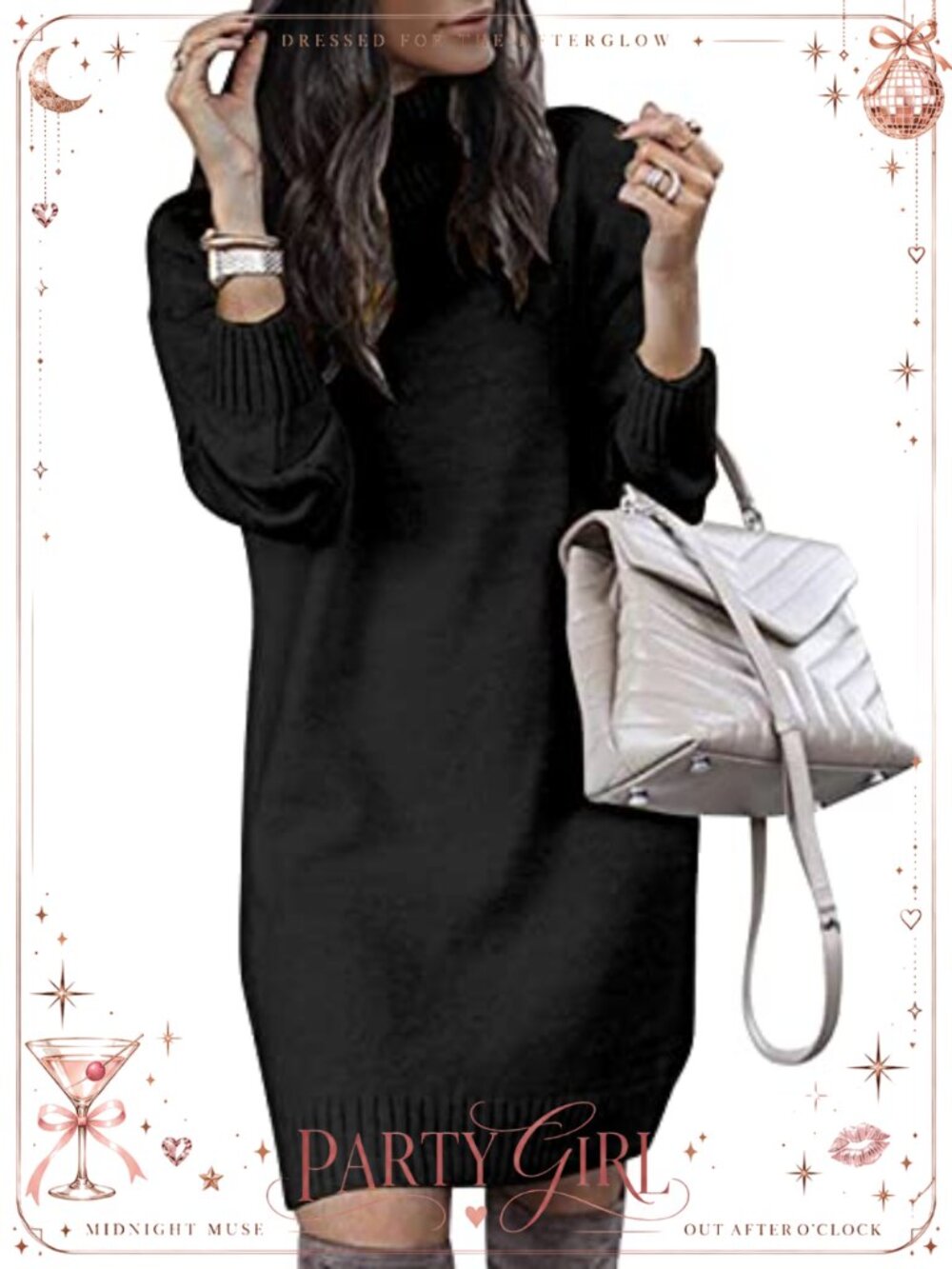 Turtleneck Long Sleeve Knit Pullover Sweater Dress Above Knee Relaxed Fit